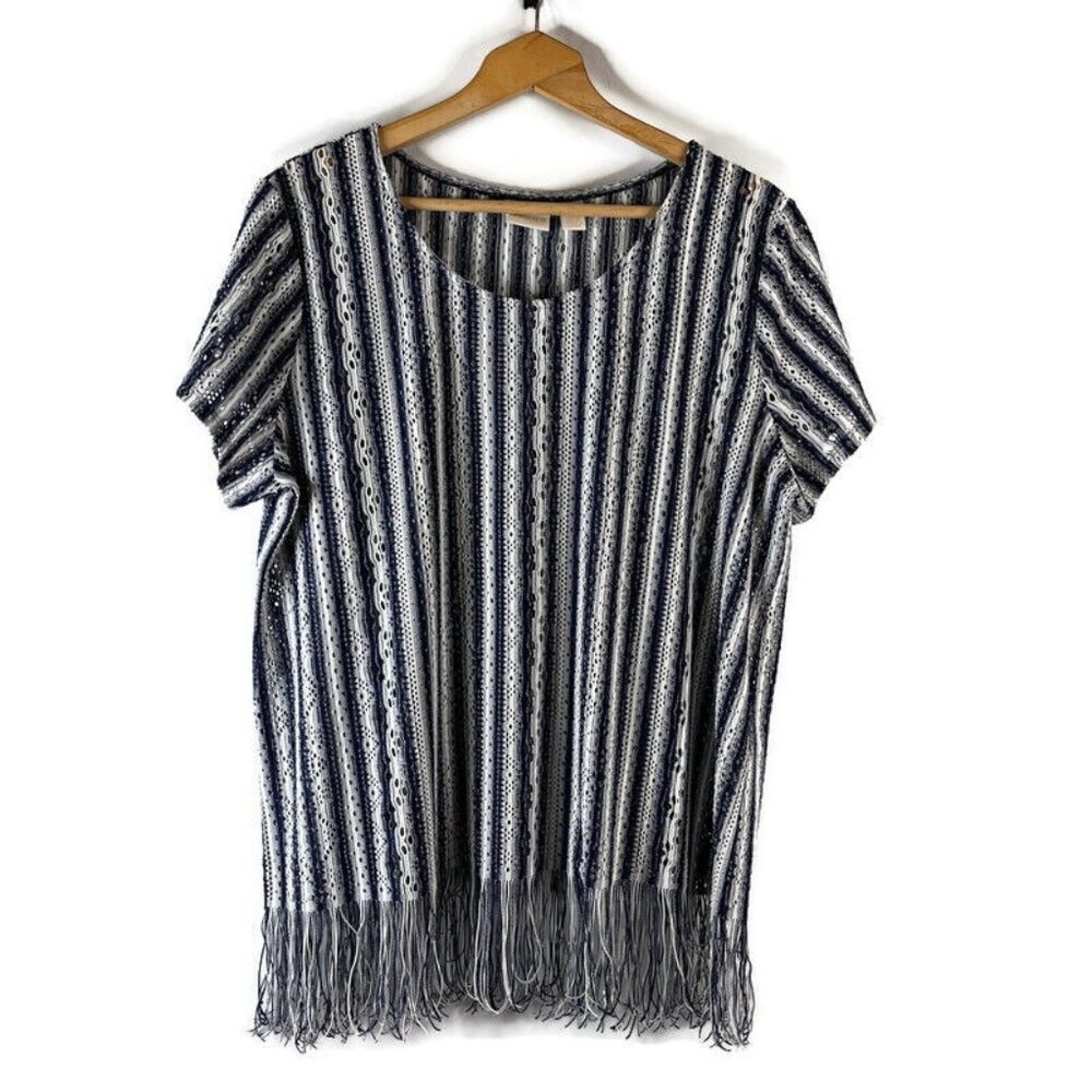 Chico's Womens Blouse Top Size XL All Lace Blue Striped Fringe Hem Short Sleeve
